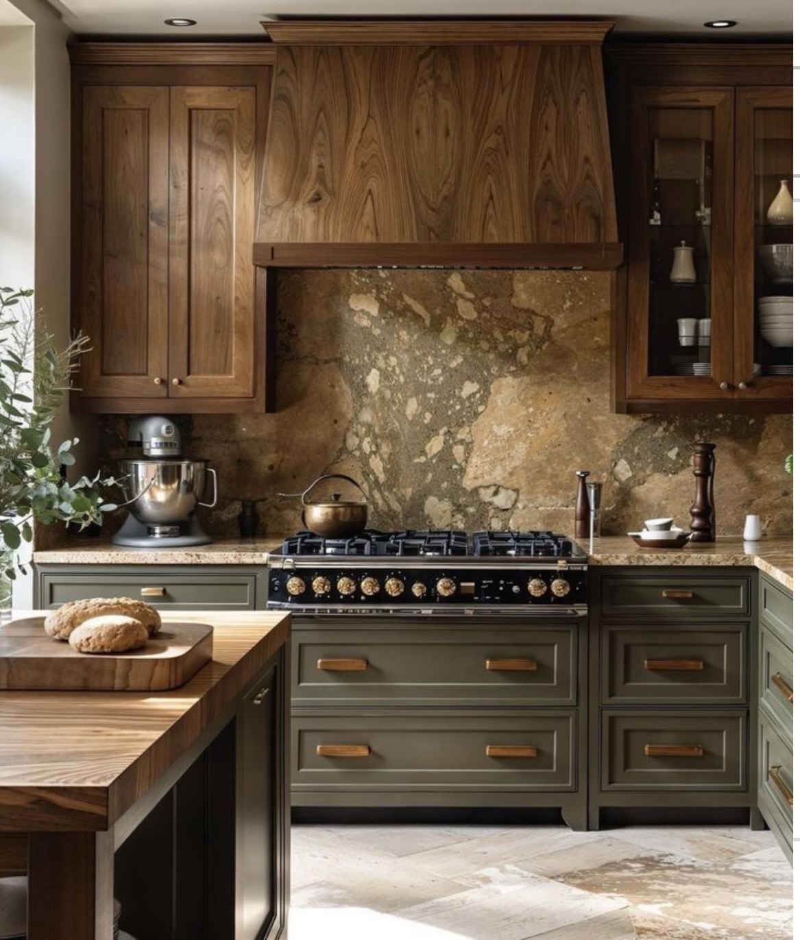 A warm, lived-in kitchen with olive cabinetry, walnut wood, and a range — bread resting on the butcher block