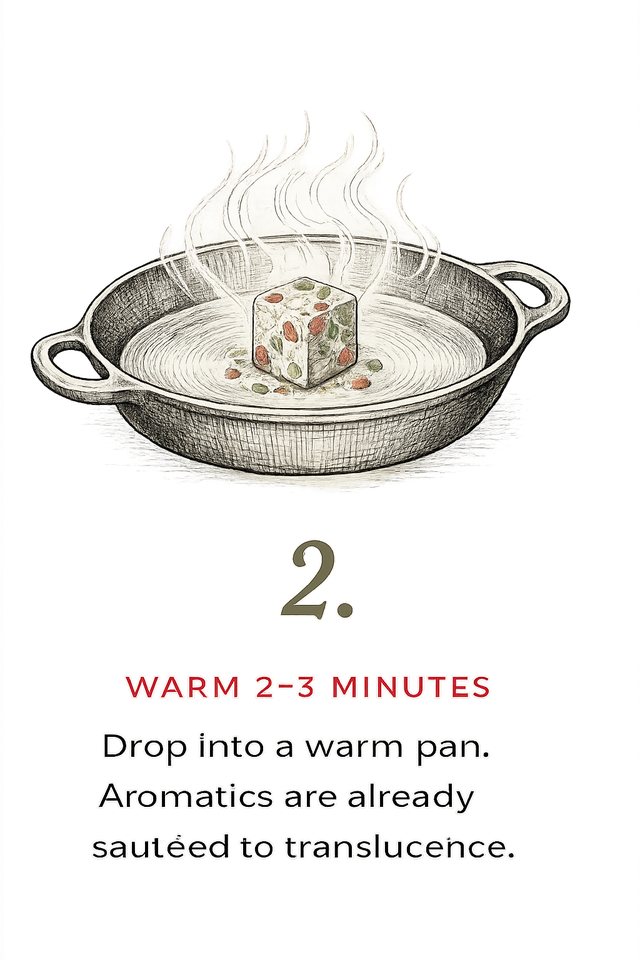 Step 2 — Warm 2 to 3 minutes: drop into a warm pan; aromatics are already sautéed to translucence